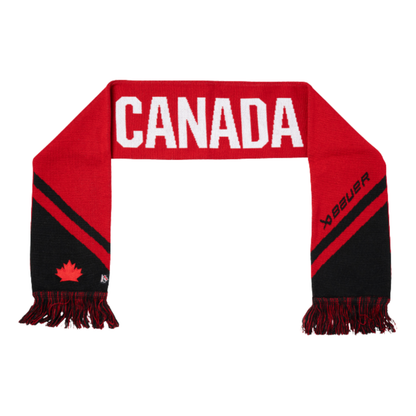A photo of the BAUER x Hockey Canada® Scarf in colour red and black, with Canada text in white.