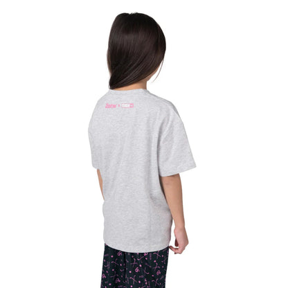 A photo of a child wearing a grey Barbie™ x CCM Grey Goal Getter Short Sleeve T‑Shirt