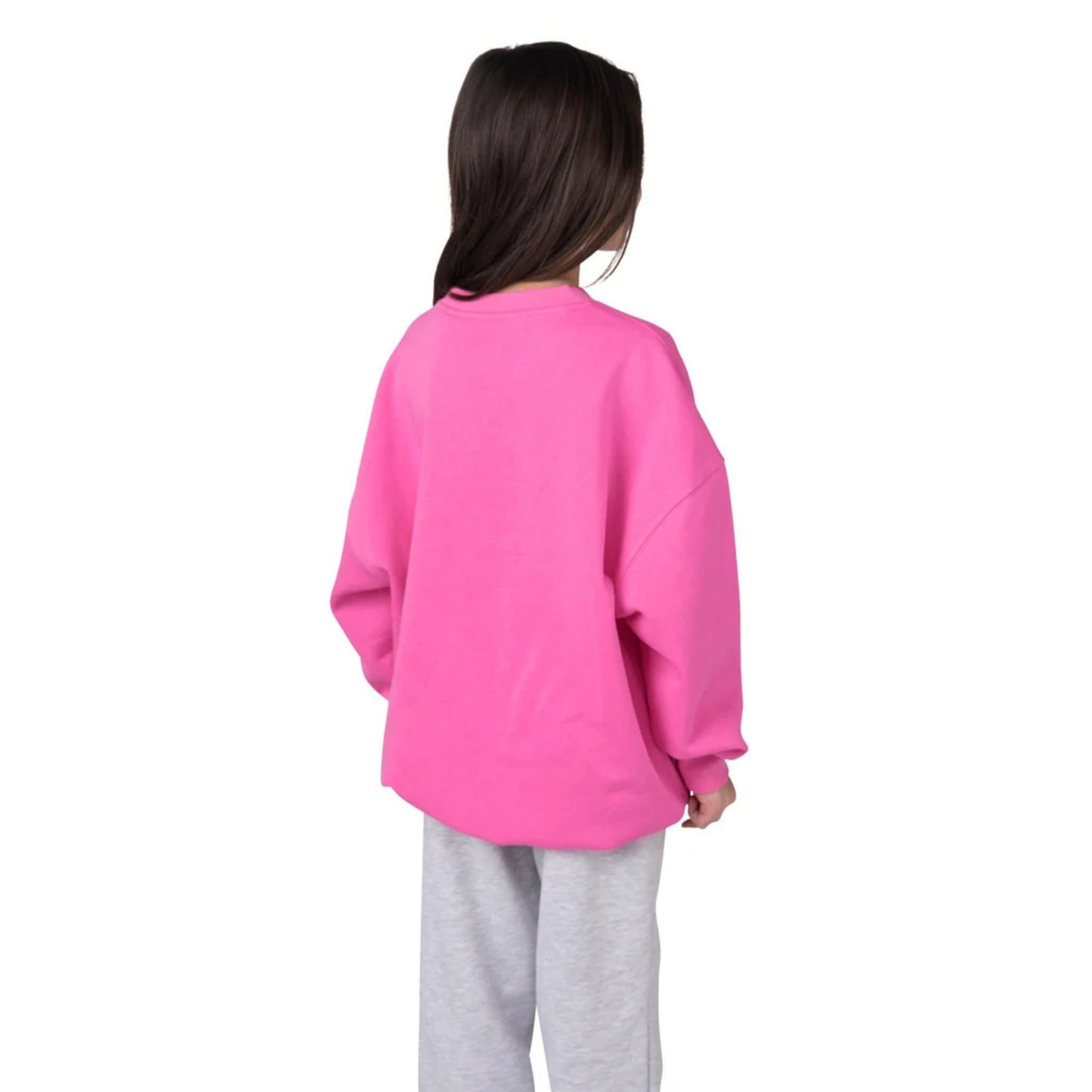 A photo of a child wearing a pink Barbie™ x CCM Pink Embossed Youth Crewneck.