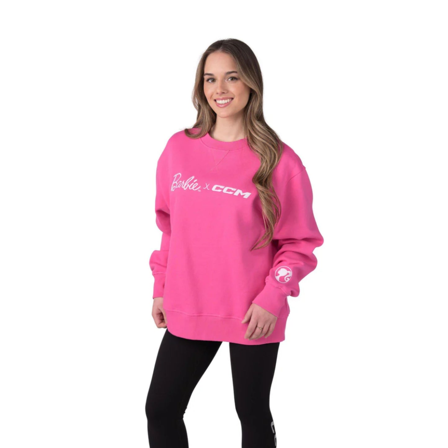 A photo of the Barbie™ x CCM Pink Embroidered Crewneck in colour pink.