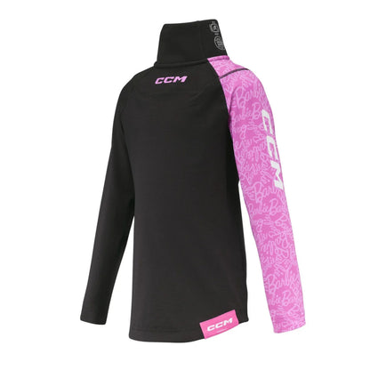A photo of the Barbie™ x CCM Youth Baselayer Set in colour black with a pink, Barbie themed sleeve.