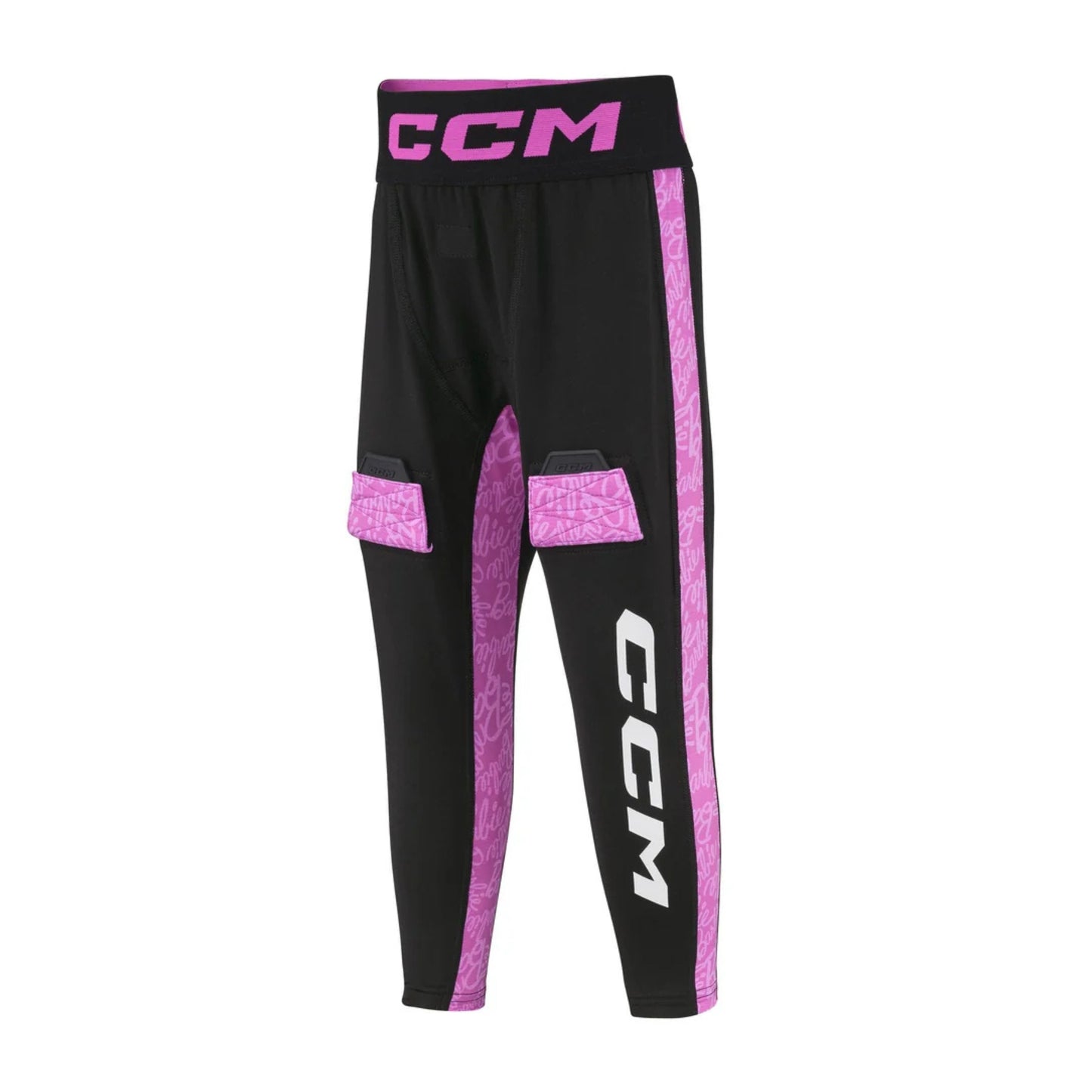 A photo of the Barbie™ x CCM Youth Baselayer Set in colour black with a pink, Barbie themed liner.