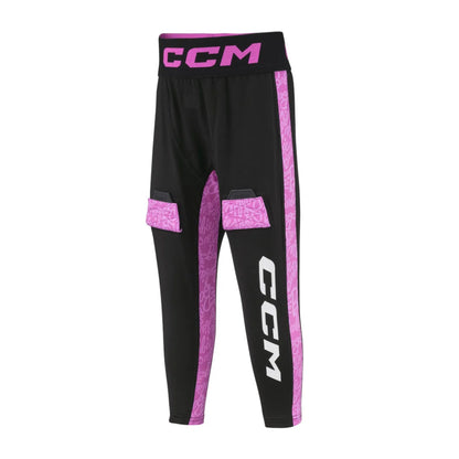A photo of the Barbie™ x CCM Youth Baselayer Set in colour black with a pink, Barbie themed liner.