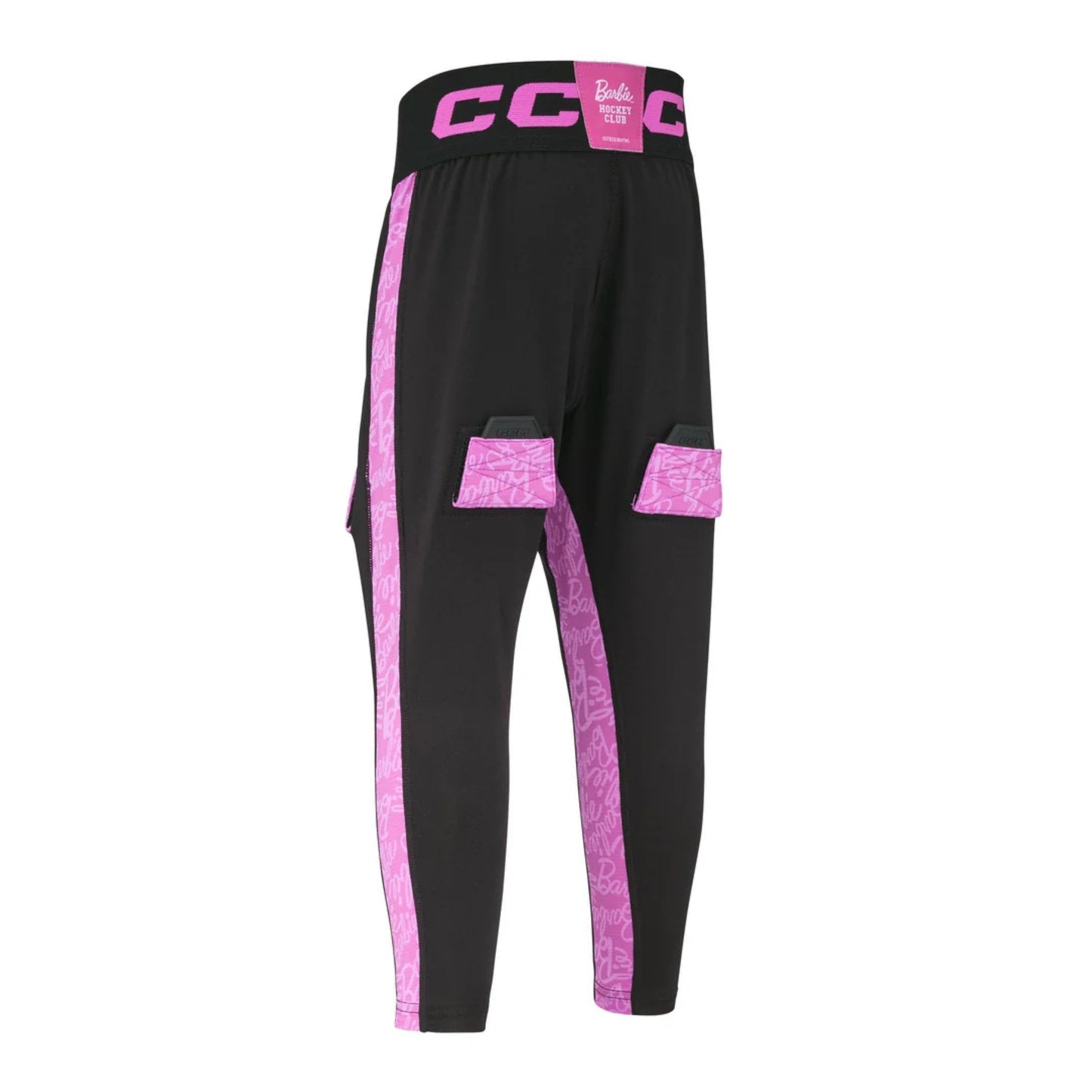 A photo of the Barbie™ x CCM Youth Baselayer Set in colour black with a pink, Barbie themed liner.
