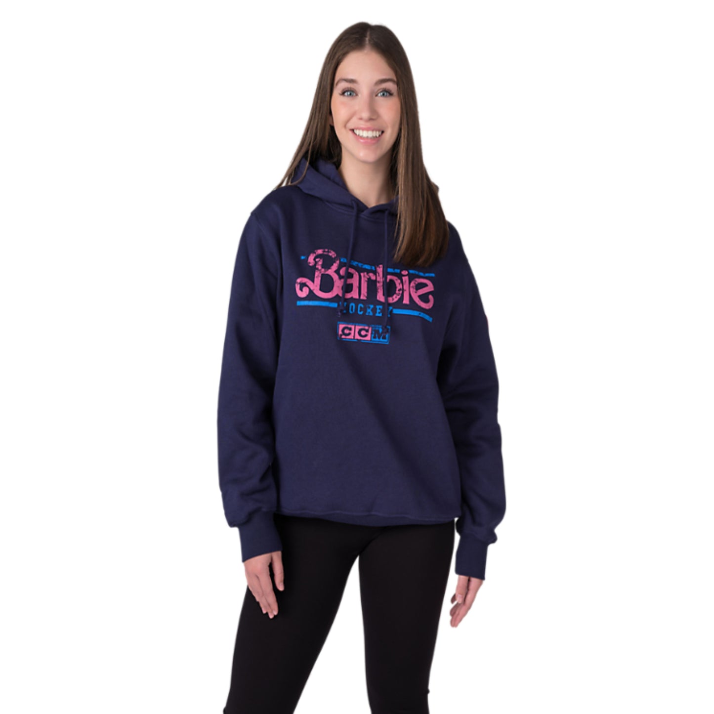 A photo of the Barbie x CCM Navy Pullover Hoodie Adult in colour navy.