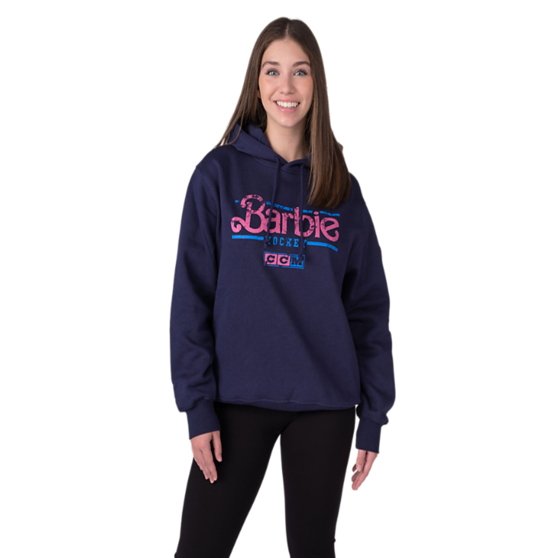 A photo of the Barbie x CCM Navy Pullover Hoodie Adult in colour navy.