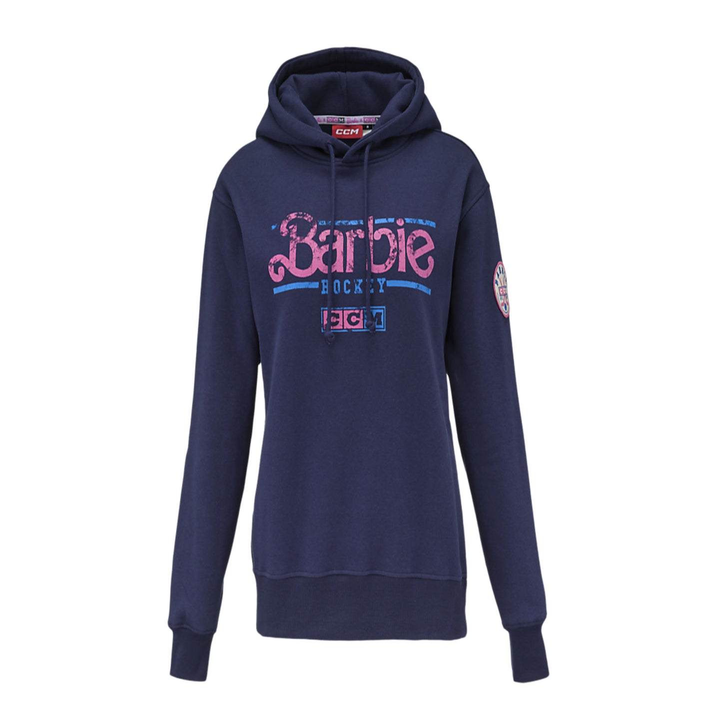 A photo of the Barbie x CCM Navy Pullover Hoodie Adult in colour navy.