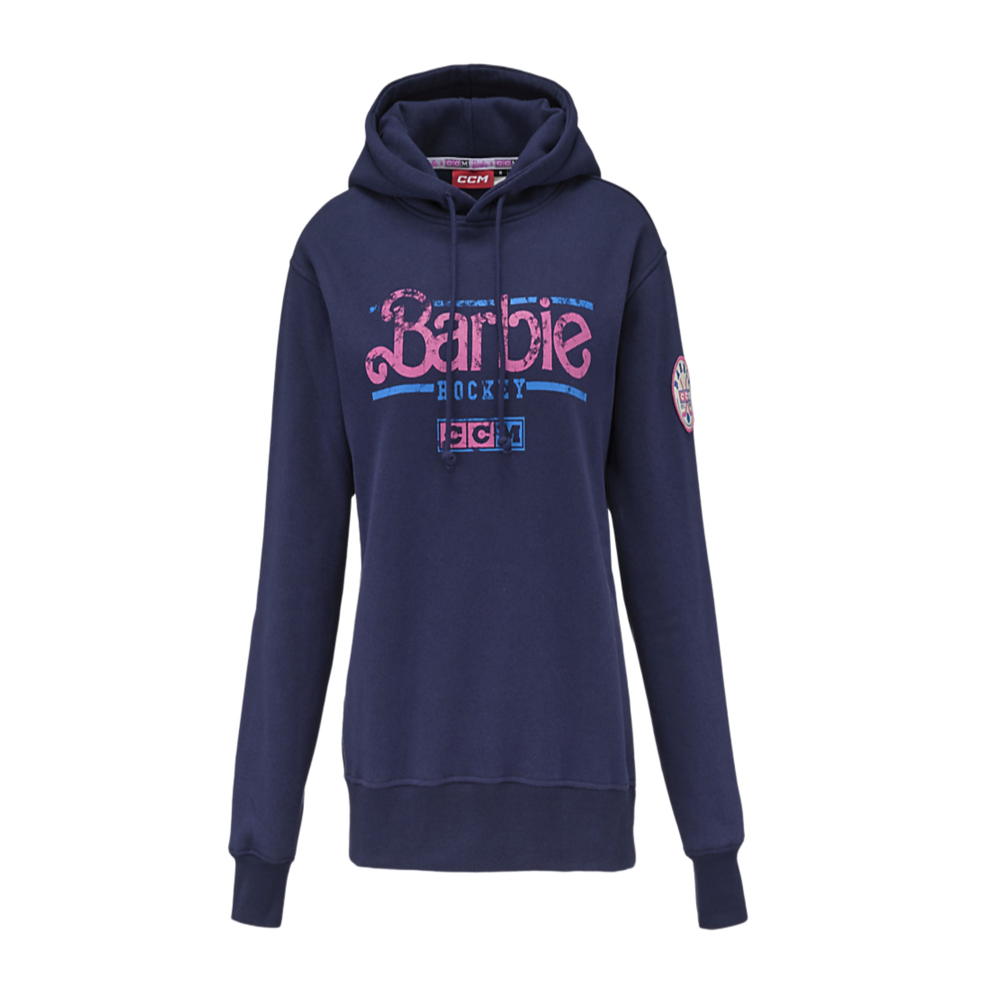 A photo of the Barbie x CCM Navy Pullover Hoodie Adult in colour navy.