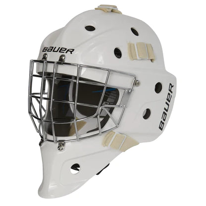 A photo of the Bauer 930 Youth Goalie Mask in colour White, front view.