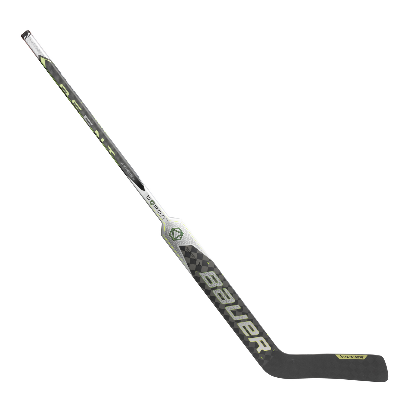 A photo of the Bauer AG5NT Senior Goalie Stick in colour grey, white and green. Angled view.