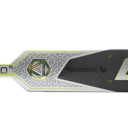 A photo of the Bauer AG5NT Senior Goalie Stick in colour grey, white and green. Paddle view.