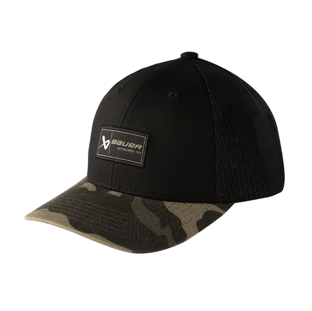 A photo of the Bauer Core Curved Brim 2 Tone Camo Senior Snapback Hat in clour black and green camo