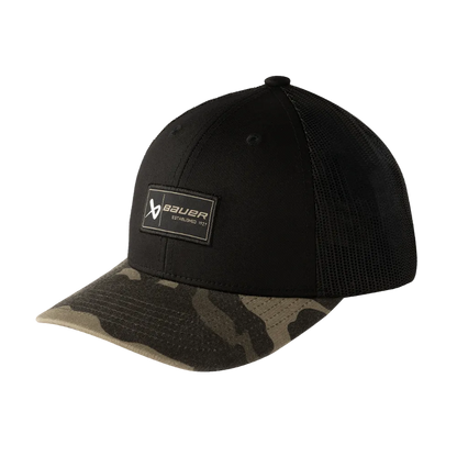 A photo of the Bauer Core Curved Brim 2 Tone Camo Senior Snapback Hat in clour black and green camo