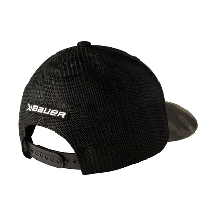 A photo of the Bauer Core Curved Brim 2 Tone Camo Senior Snapback Hat in clour black and green camo