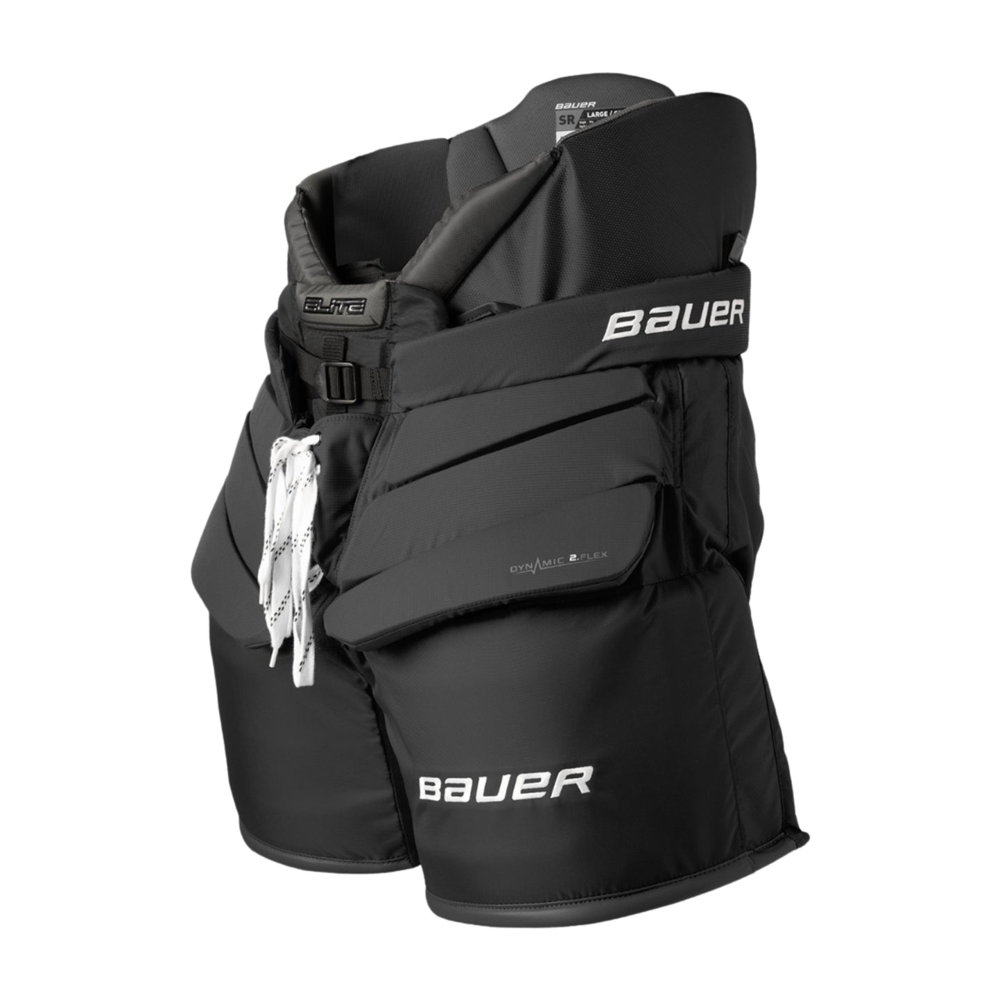 A photo of the Bauer Elite  Goalie Pants in colour black with white hockey lace.