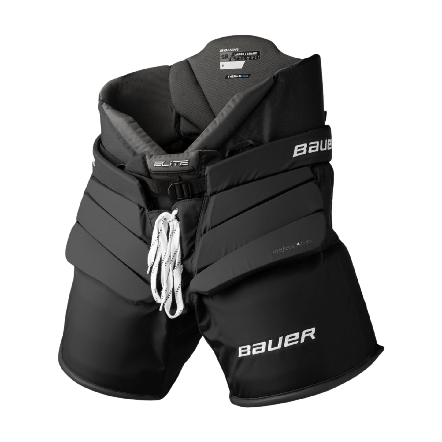 A photo of the Bauer Elite  Goalie Pants in colour black with white hockey lace.