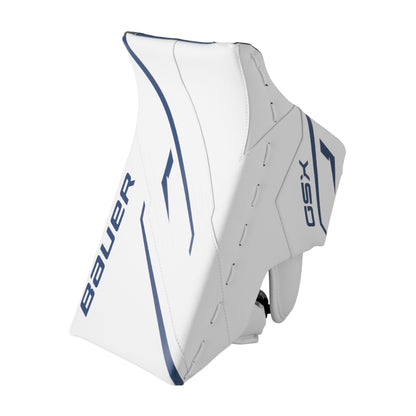 A photo of the 2026 Bauer GSX Junior Goalie Blocker in colour white and blue.