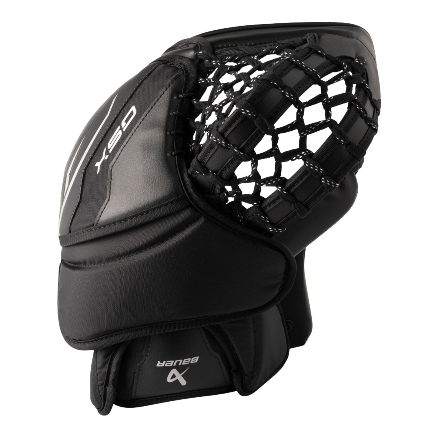 A photo of the Bauer GSX Senior Goalie Catcher White in colour black with white BAUER logo.