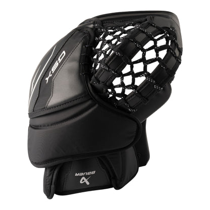 A photo of the Bauer GSX Senior Goalie Catcher White in colour black with white BAUER logo.