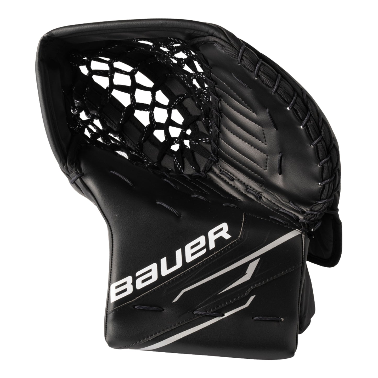A photo of the Bauer GSX Senior Goalie Catcher black in colour white with white BAUER logo.