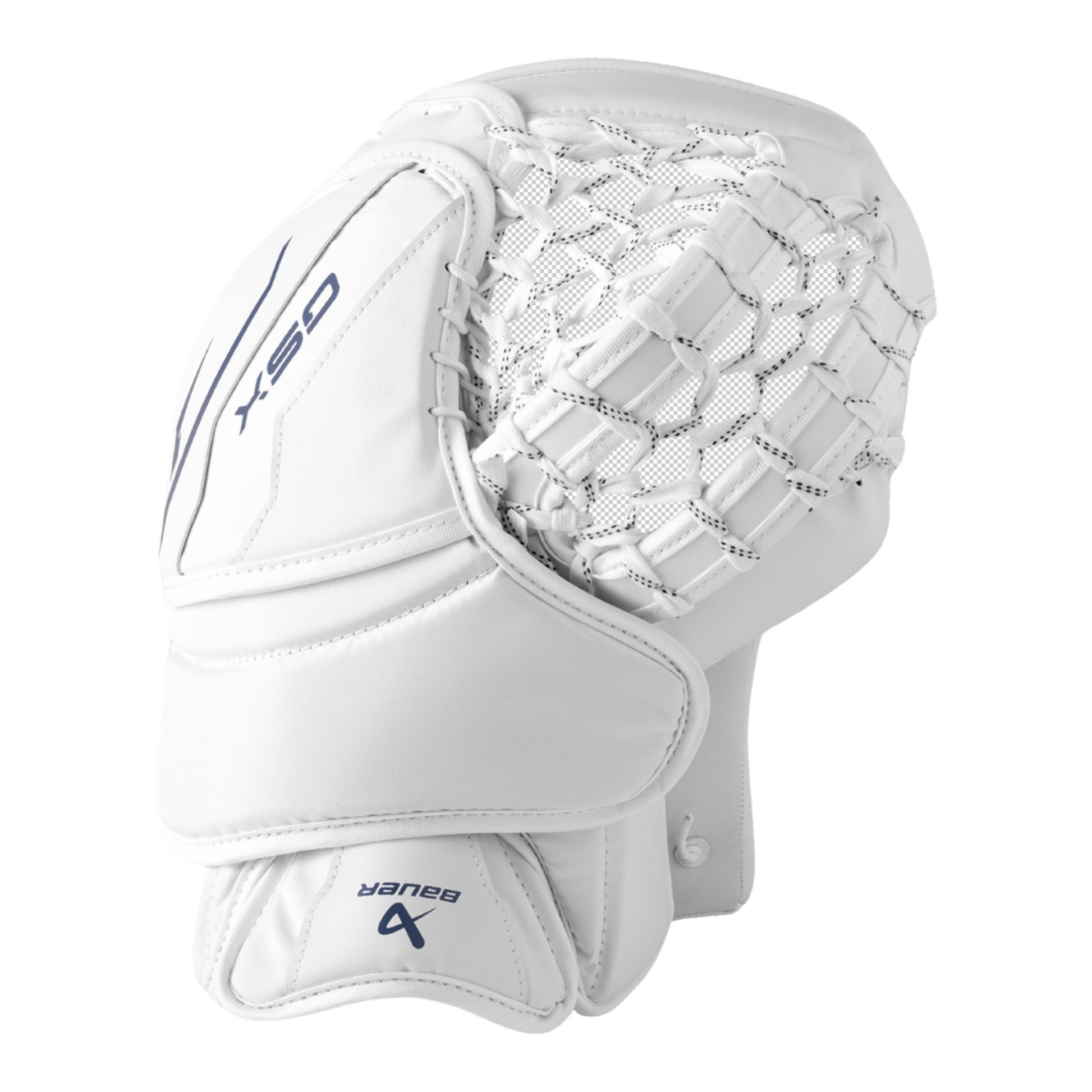 A photo of the Bauer GSX Senior Goalie Catcher White in colour white with blue BAUER logo.