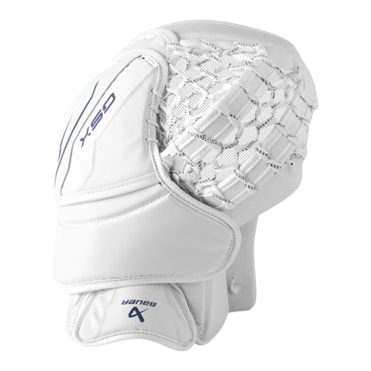 A photo of the Bauer GSX Senior Goalie Catcher White in colour white with blue BAUER logo.