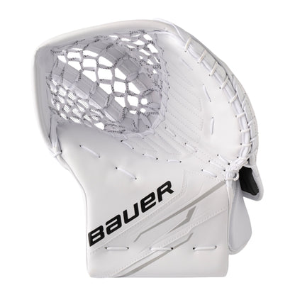 A photo of the Bauer GSX Senior Goalie Catcher White in colour white with black BAUER logo.