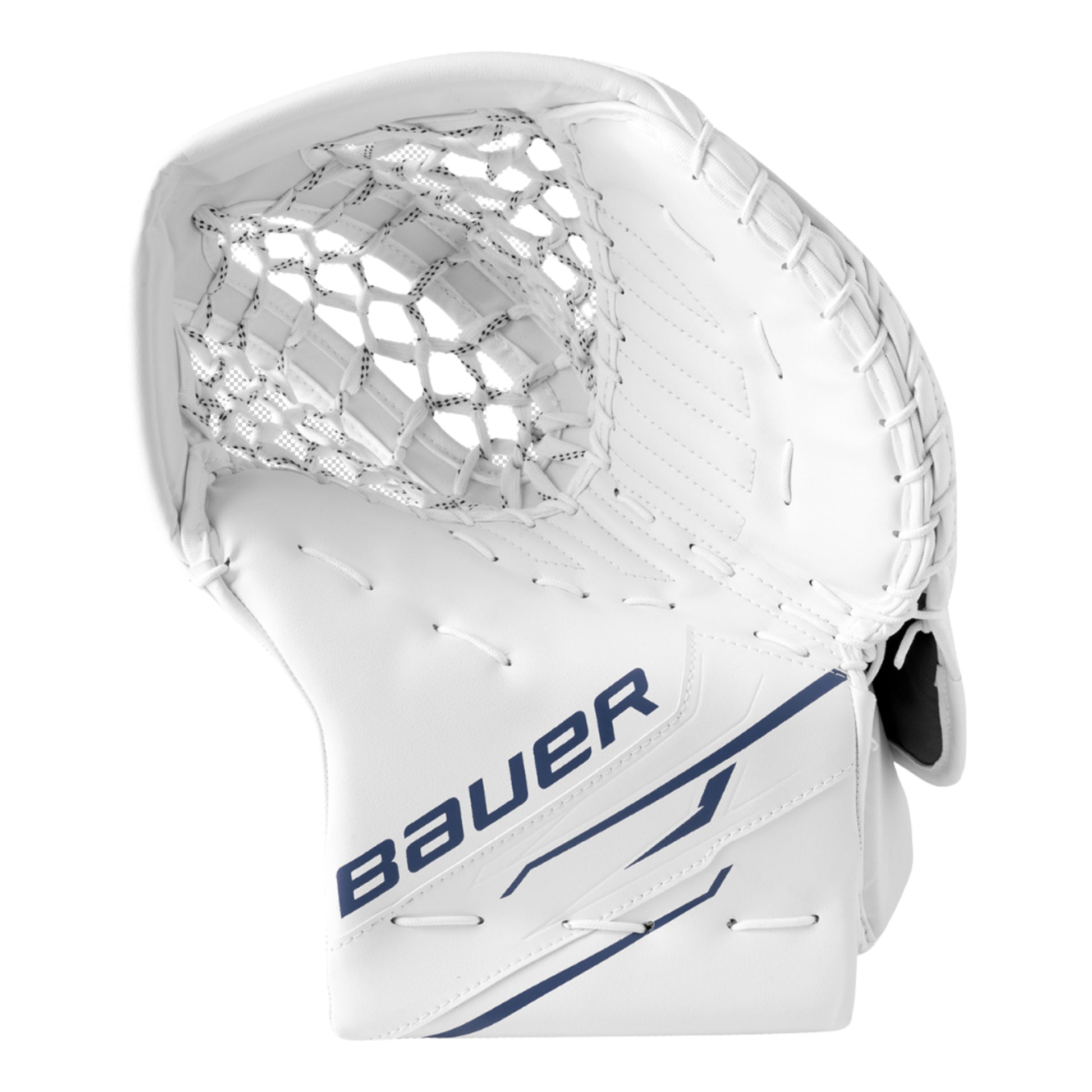 A photo of the Bauer GSX Senior Goalie Catcher White in colour white with blue BAUER logo.