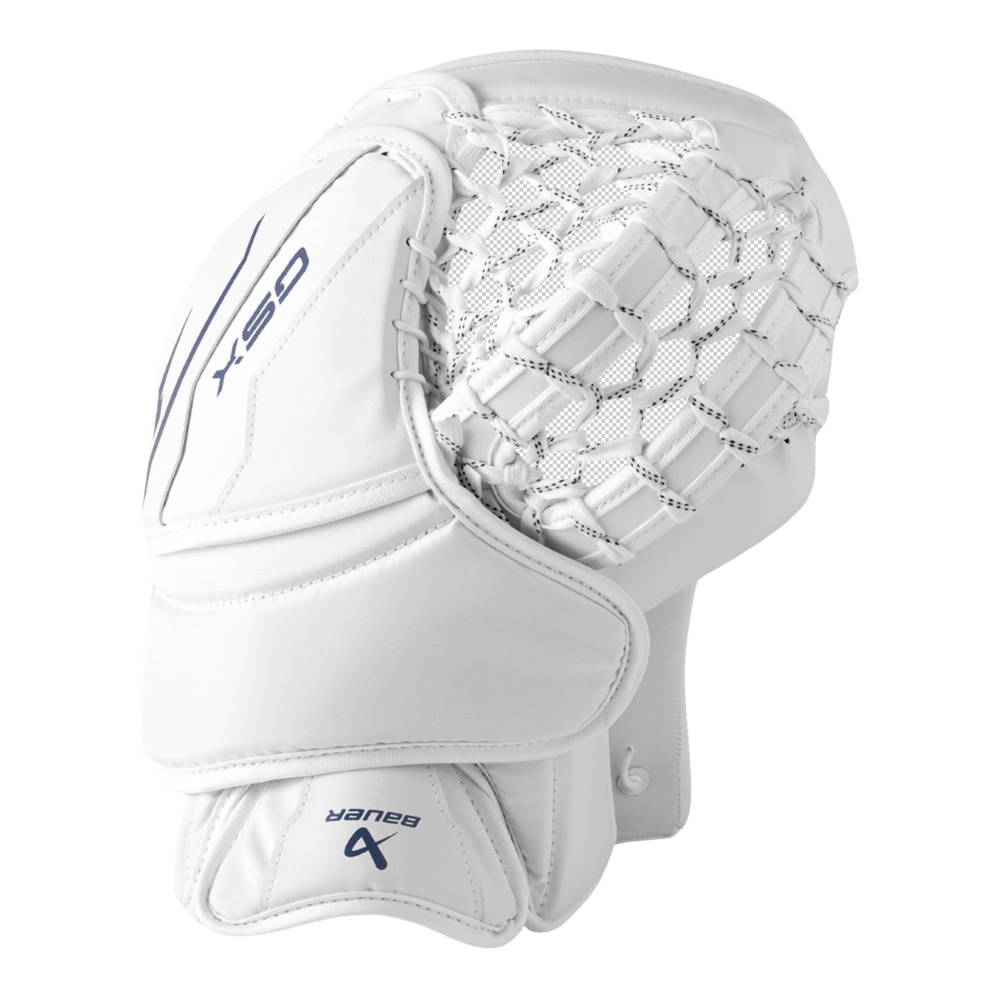 A photo of the Bauer GSX Senior Goalie Catcher White in colour white with black BAUER logo.