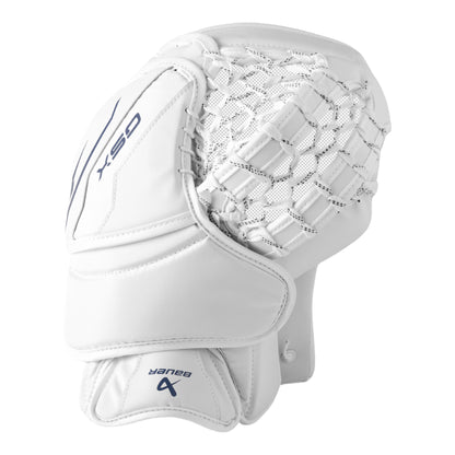 A photo of the Bauer GSX Senior Goalie Catcher White in colour white with black BAUER logo.