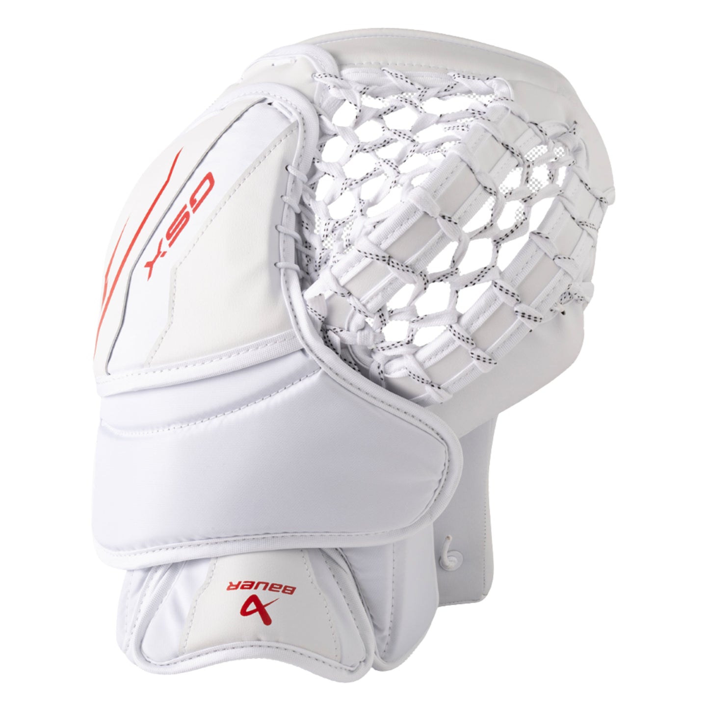 A photo of the Bauer GSX Senior Goalie Catcher White in colour white with red BAUER logo.