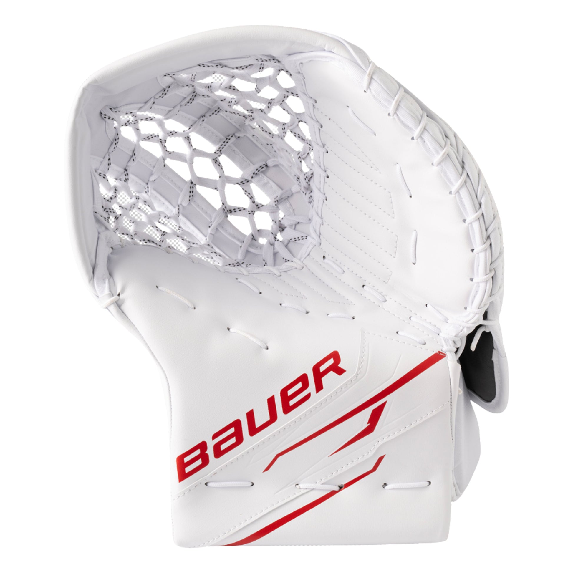 A photo of the Bauer GSX Senior Goalie Catcher White in colour white with red BAUER logo.
