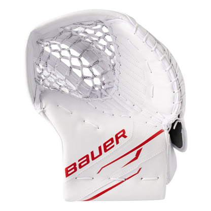 A photo of the Bauer GSX Senior Goalie Catcher White in colour white with red BAUER logo.