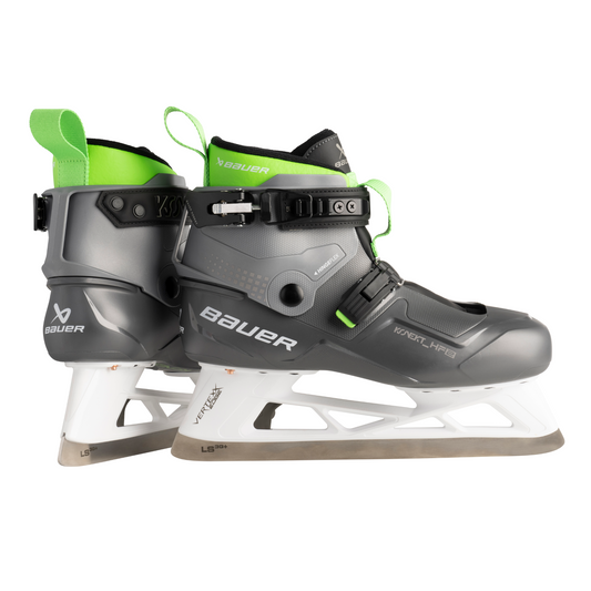 A photo of the Bauer Konekt HF2 Senior Goalie Skates in colour grey and green, double skate view.