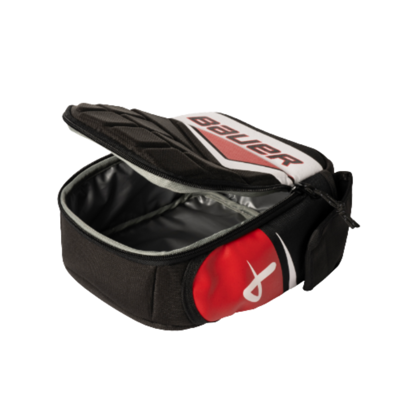 A photo of the Bauer Youth Glove Lunchbox in colour black, white and red.