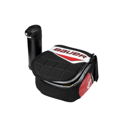 A photo of the Bauer Youth Glove Lunchbox in colour black, white and red.