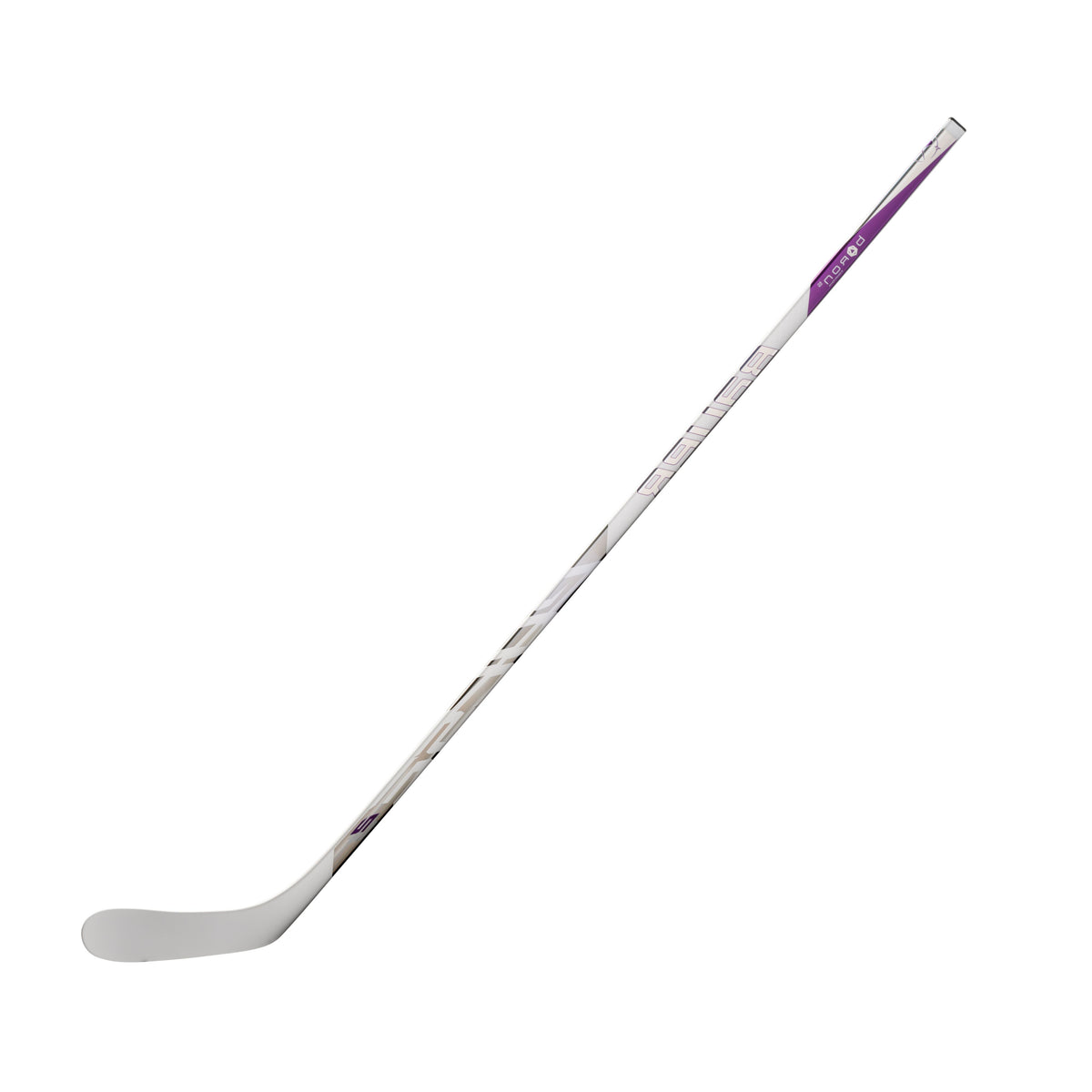 A photo of the Bauer Pulse 2 Senior Hockey Stick (2026) in colour white and purple with Silver BAUER logo.