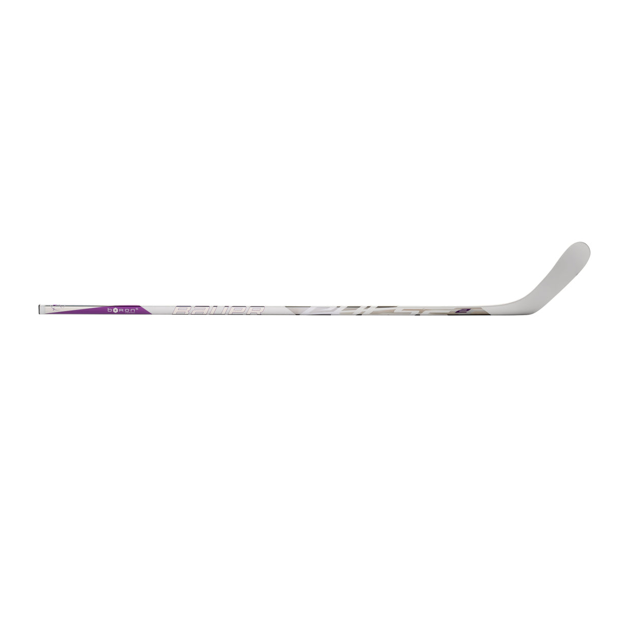 A photo of the Bauer Pulse 2 Senior Hockey Stick (2026) in colour white and purple with Silver BAUER logo.