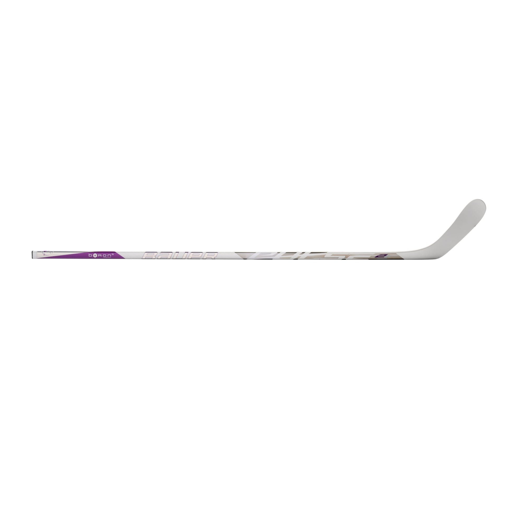 A photo of the Bauer Pulse 2 Senior Hockey Stick (2026) in colour white and purple with Silver BAUER logo.