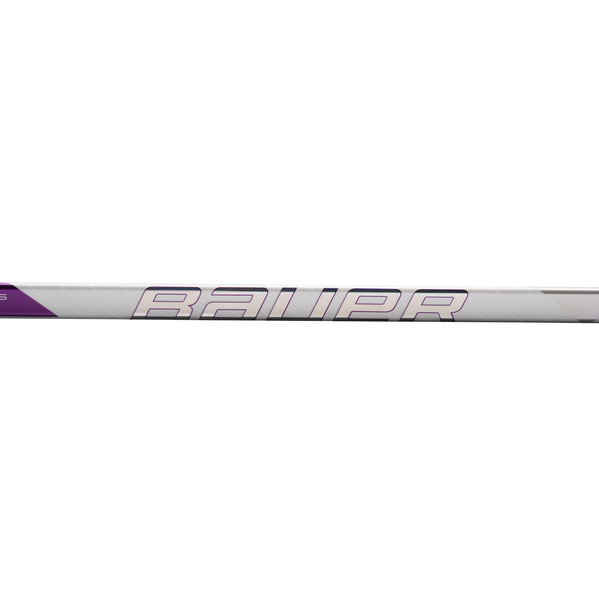 A photo of the Bauer Pulse 2 Senior Hockey Stick (2026) in colour white and purple with Silver BAUER logo.