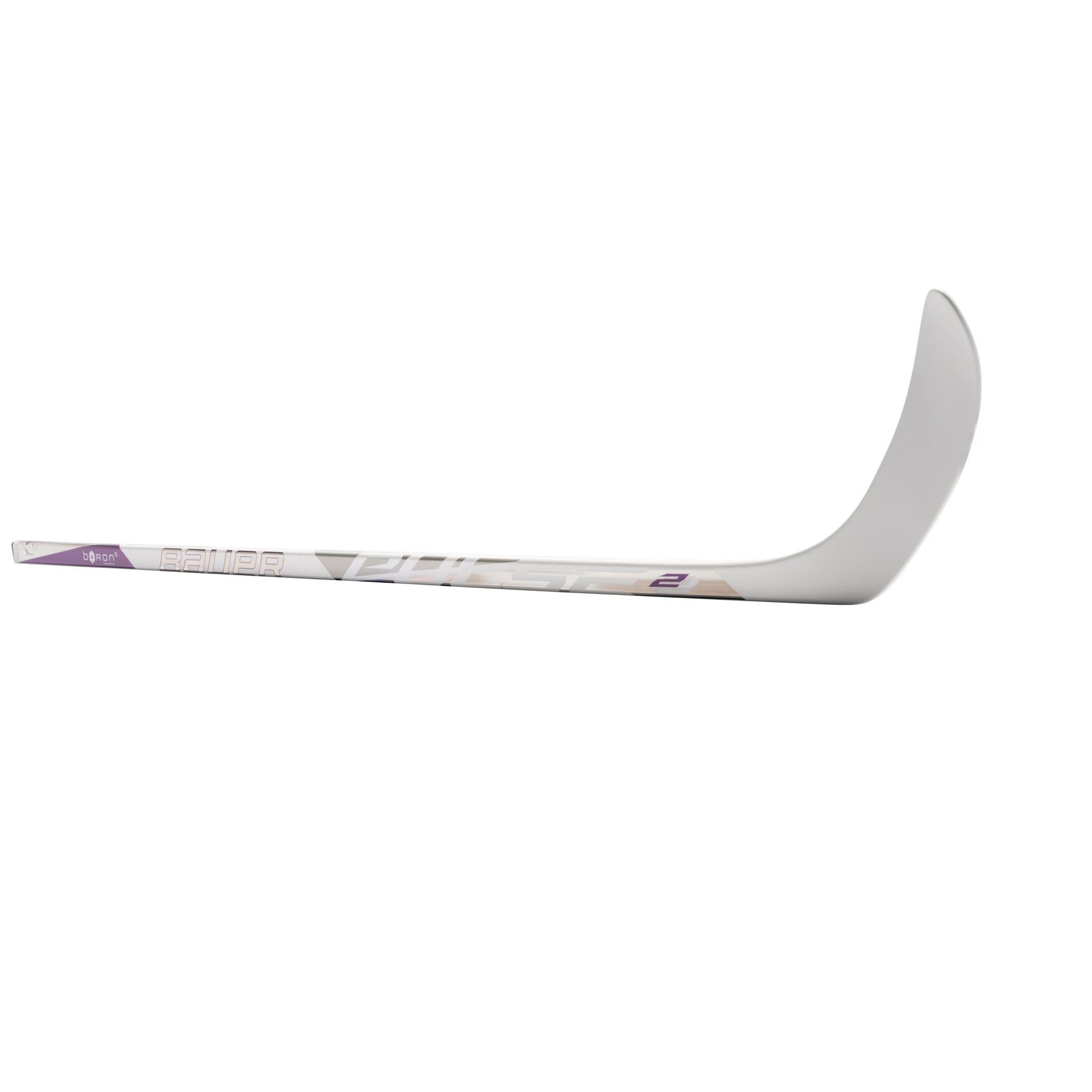 A photo of the Bauer Pulse 2 Senior Hockey Stick (2026) in colour white and purple with Silver BAUER logo.
