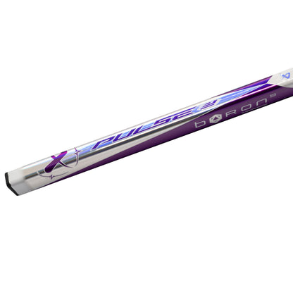 A photo of the Bauer Pulse 2 Senior Hockey Stick (2026) in colour white and purple with Silver BAUER logo.