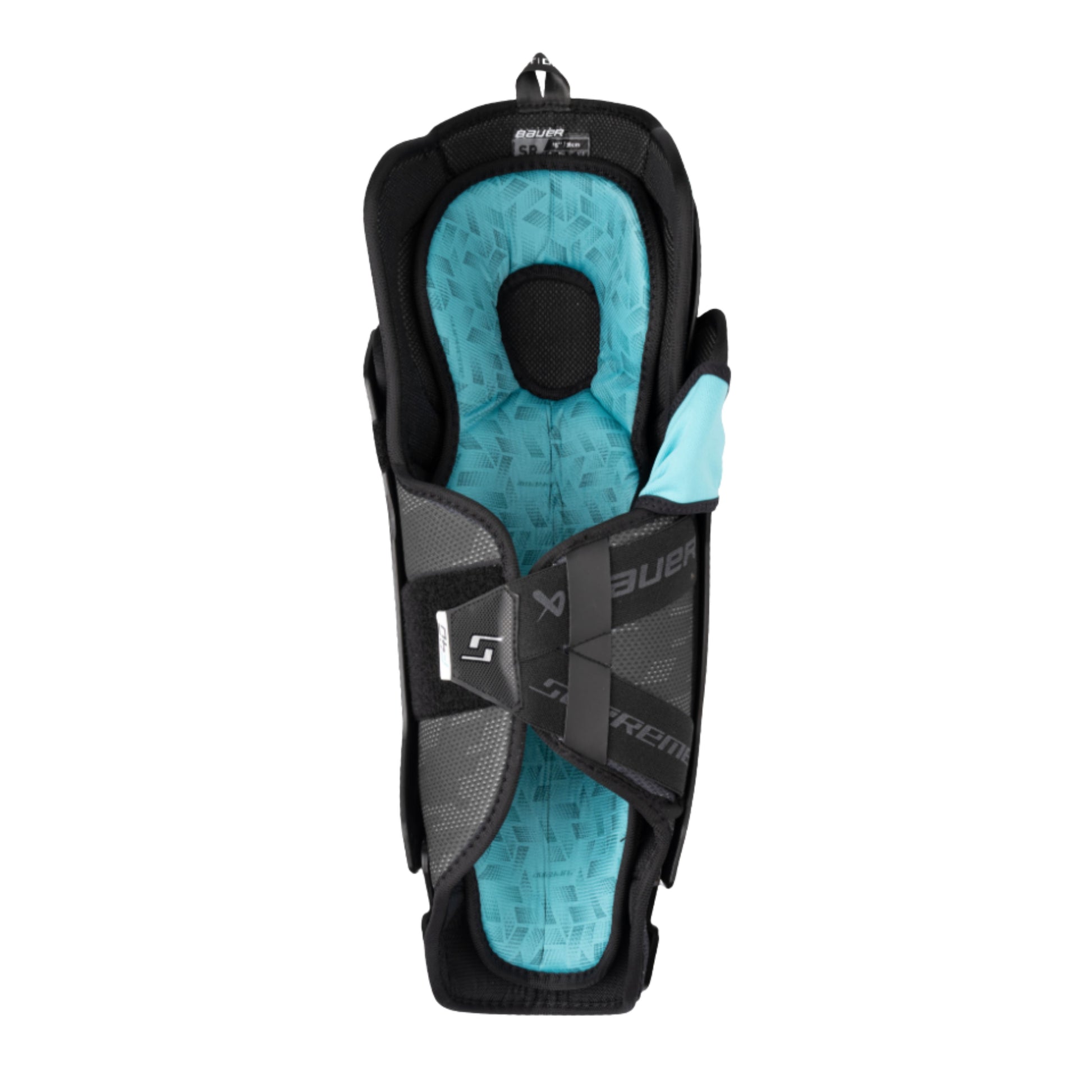 A photo of the Bauer Supreme F40 Senior Shin Guard in colour black and blue.