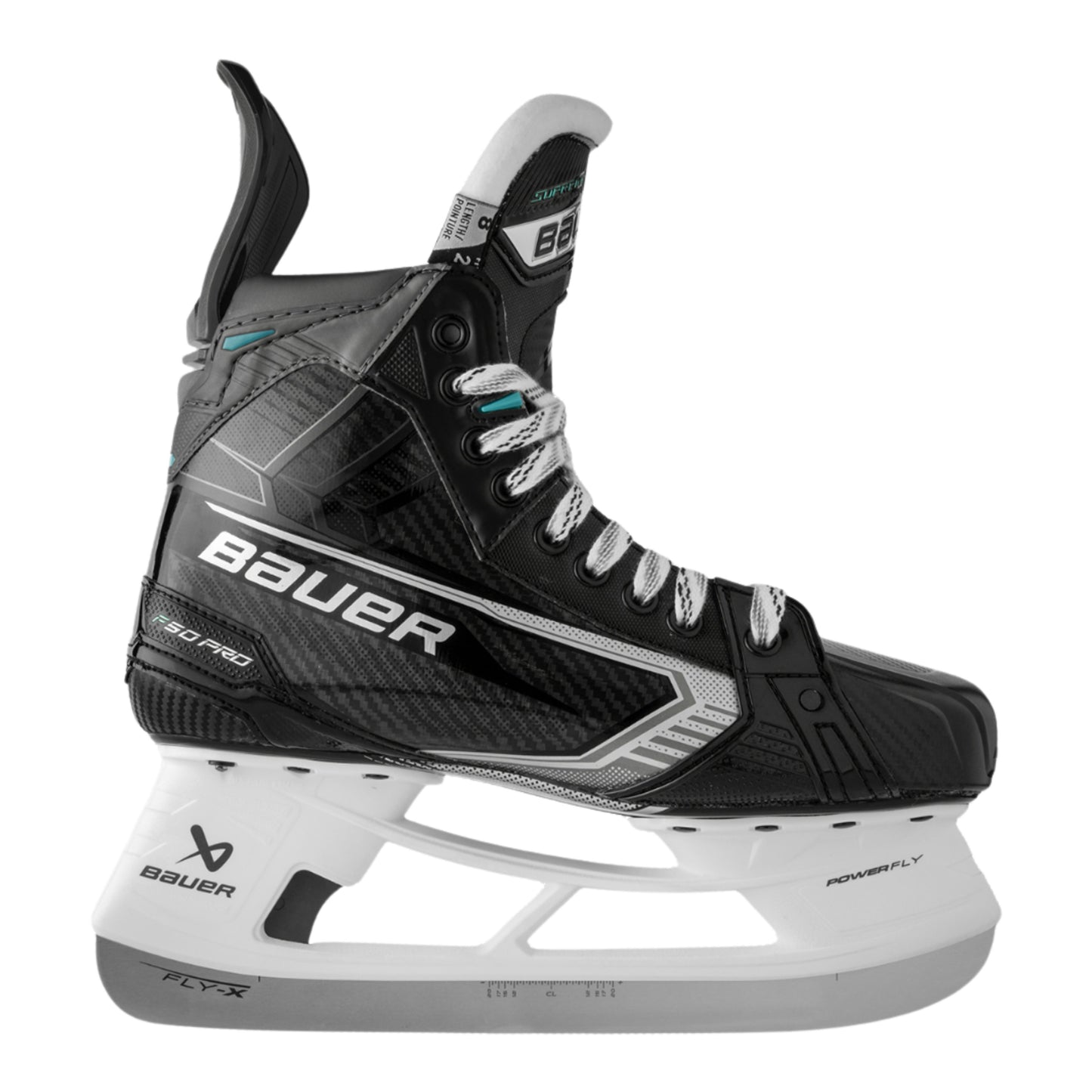 A photo of the Bauer Supreme F50 Pro Hockey Skates in colour black, white and blue. 