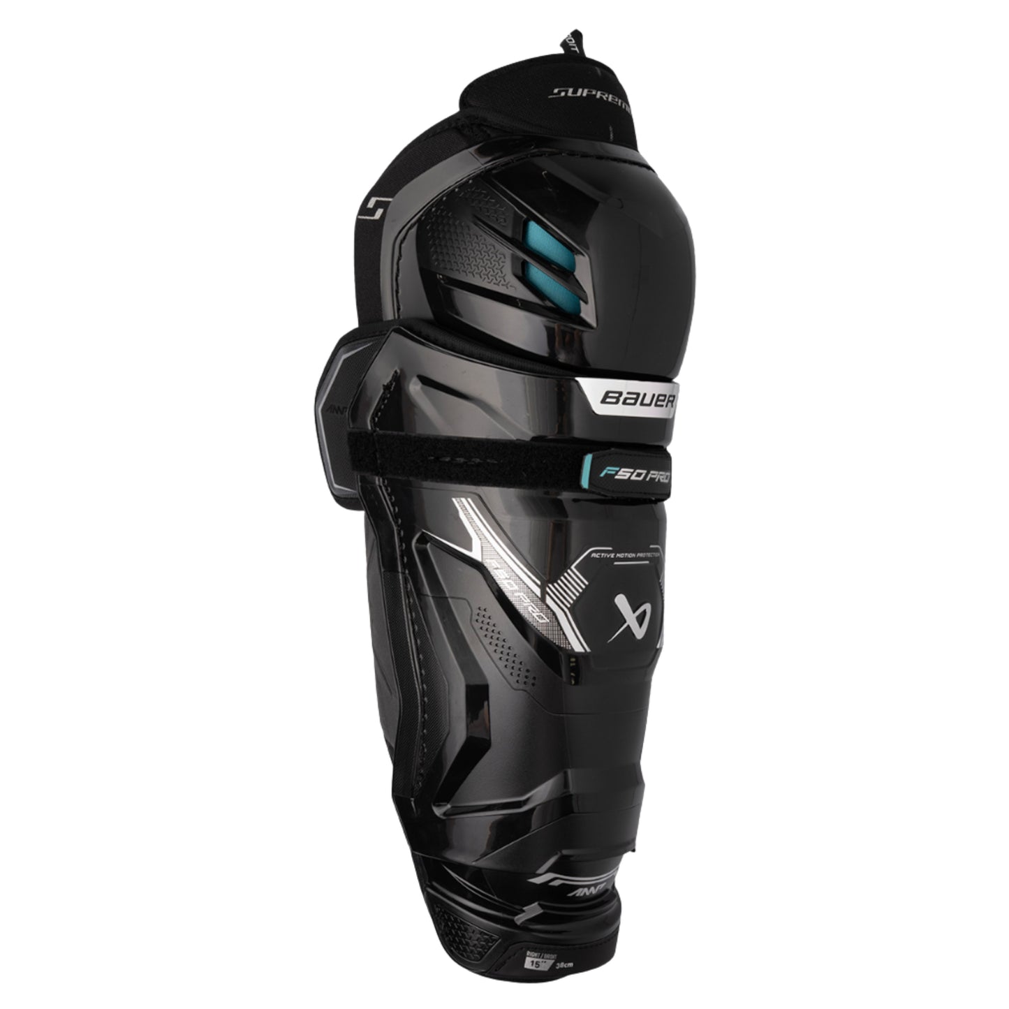 A photo of the Bauer Supreme F50 Pro Intermediate Shin Guard in colour black and blue.