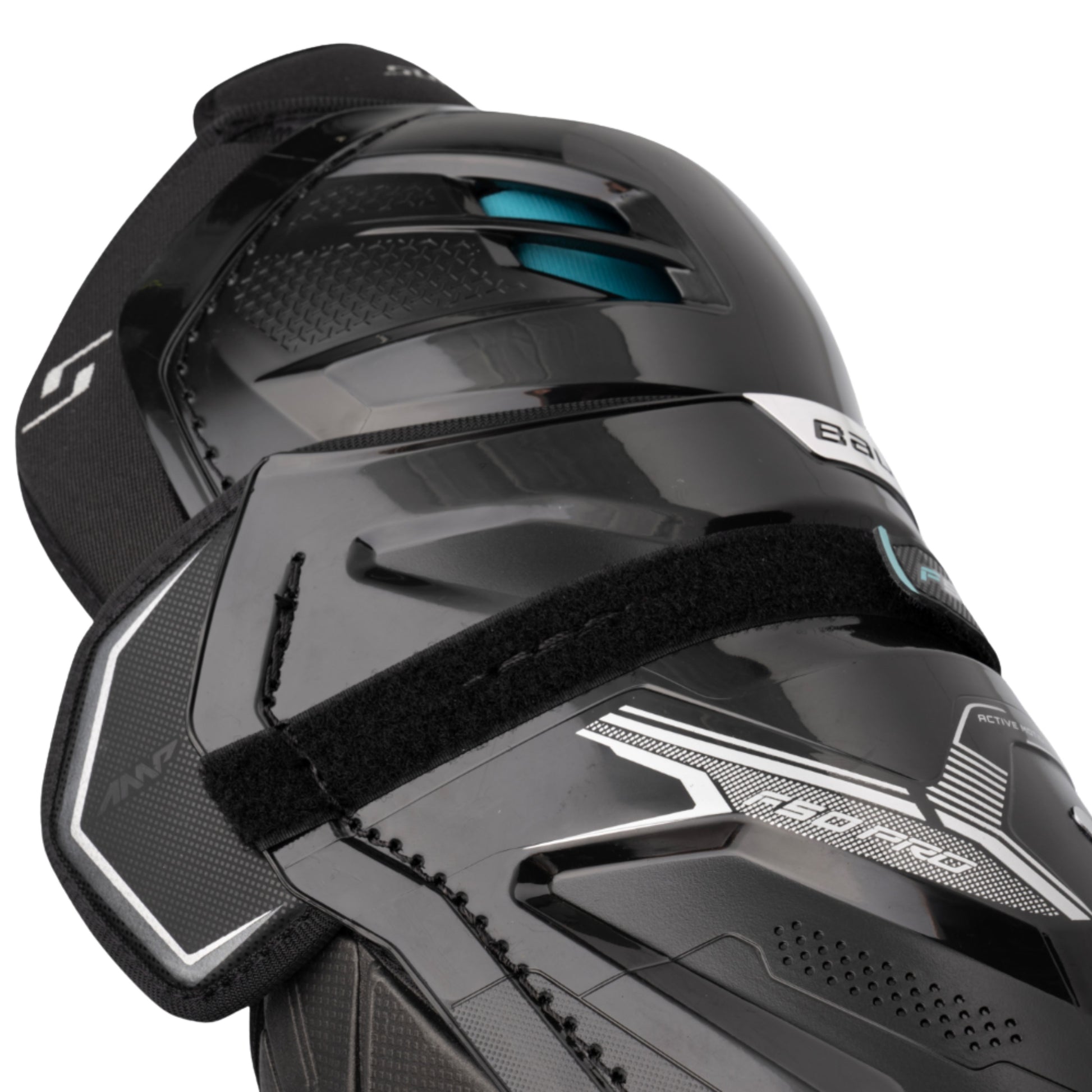 A photo of the Bauer Supreme F50 Pro Intermediate Shin Guard in colour black and blue.