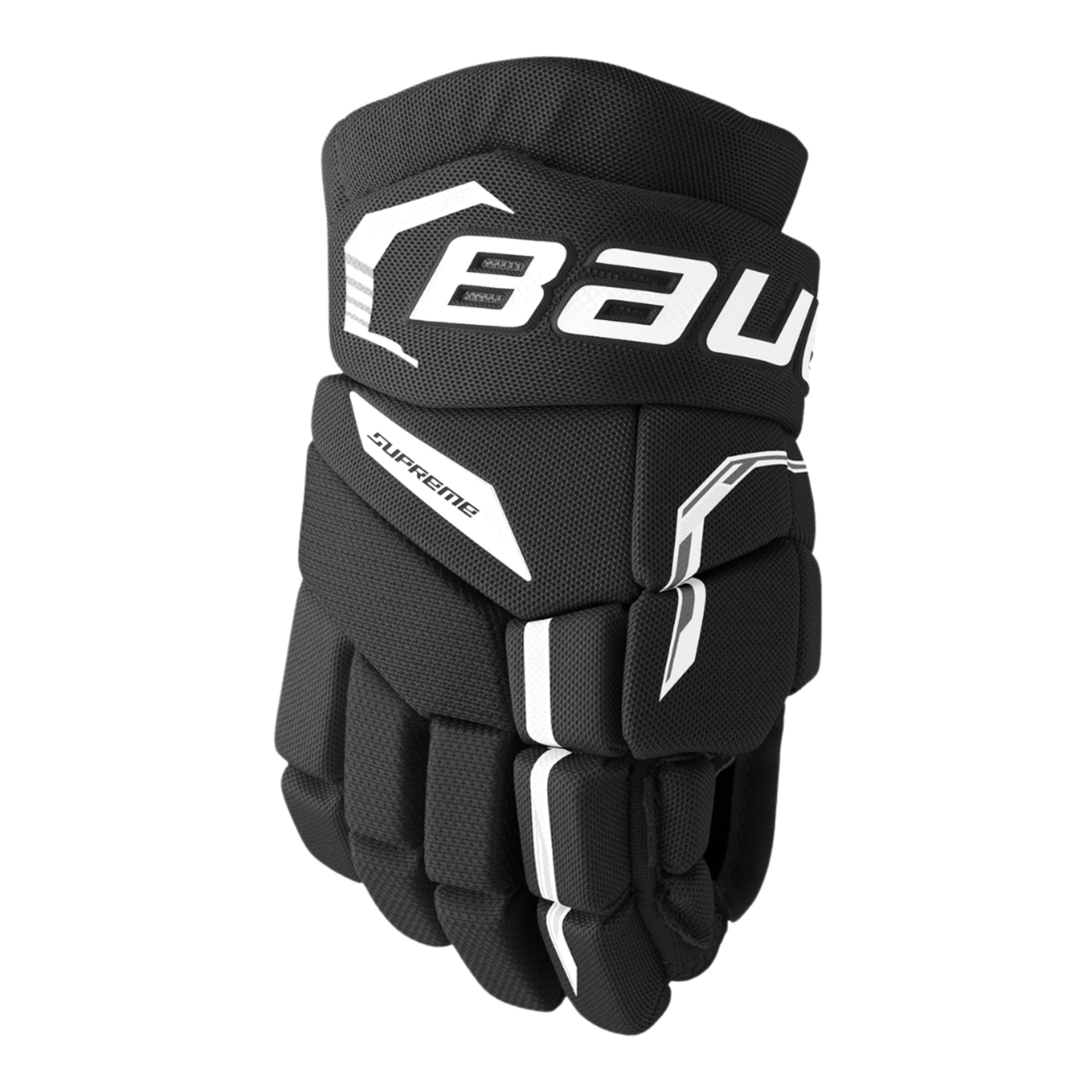 A photo of the Bauer Supreme Fuse Youth Hockey Gloves (2026) in colour black.
