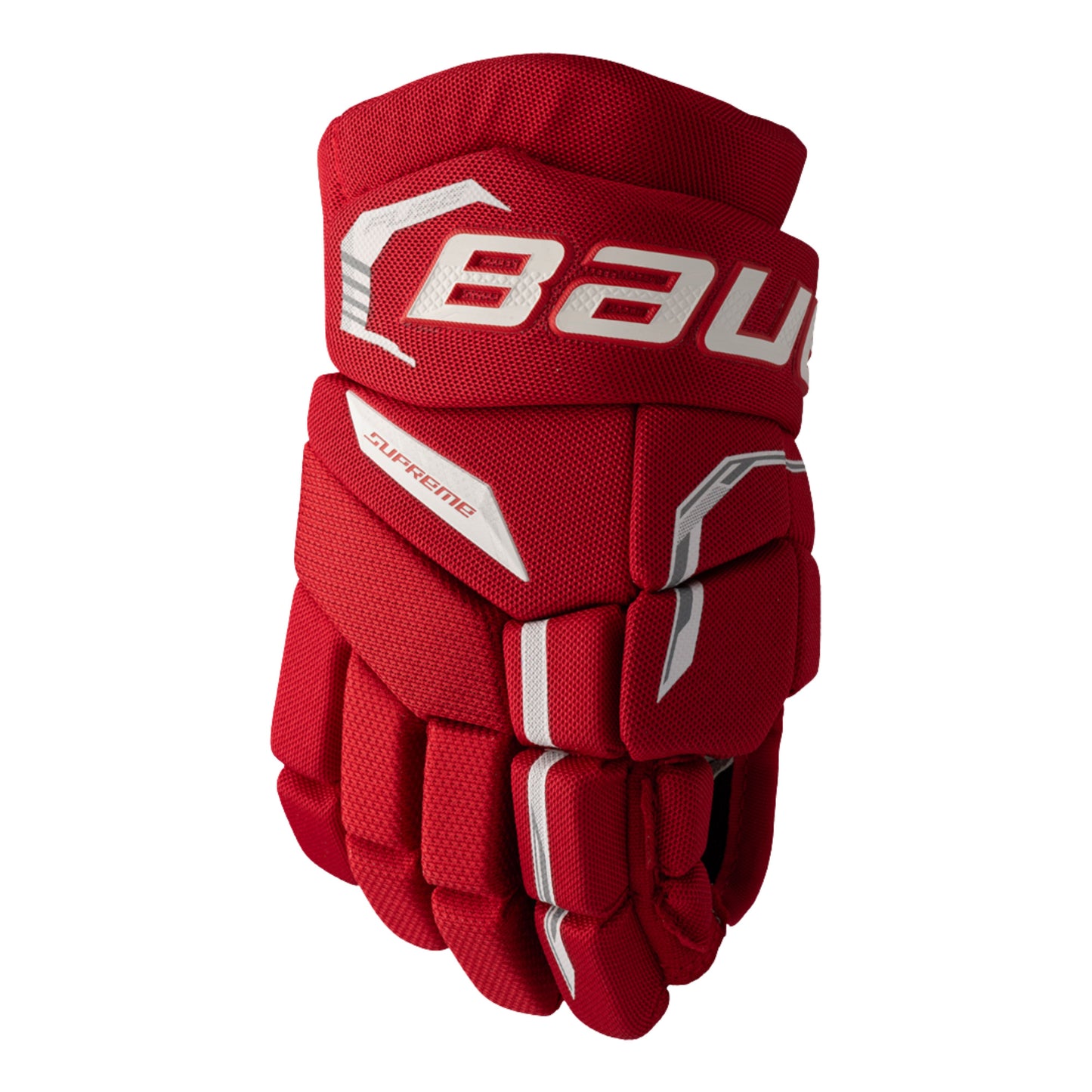A photo of the Bauer Supreme Fuse Youth Hockey Gloves (2026) in colour red.