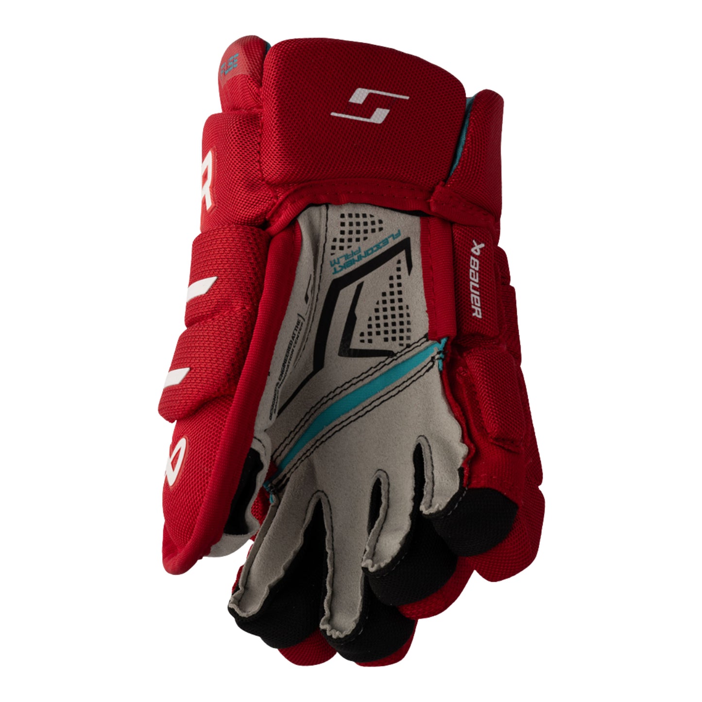 A photo of the Bauer Supreme Fuse Youth Hockey Gloves (2026) in colour red.