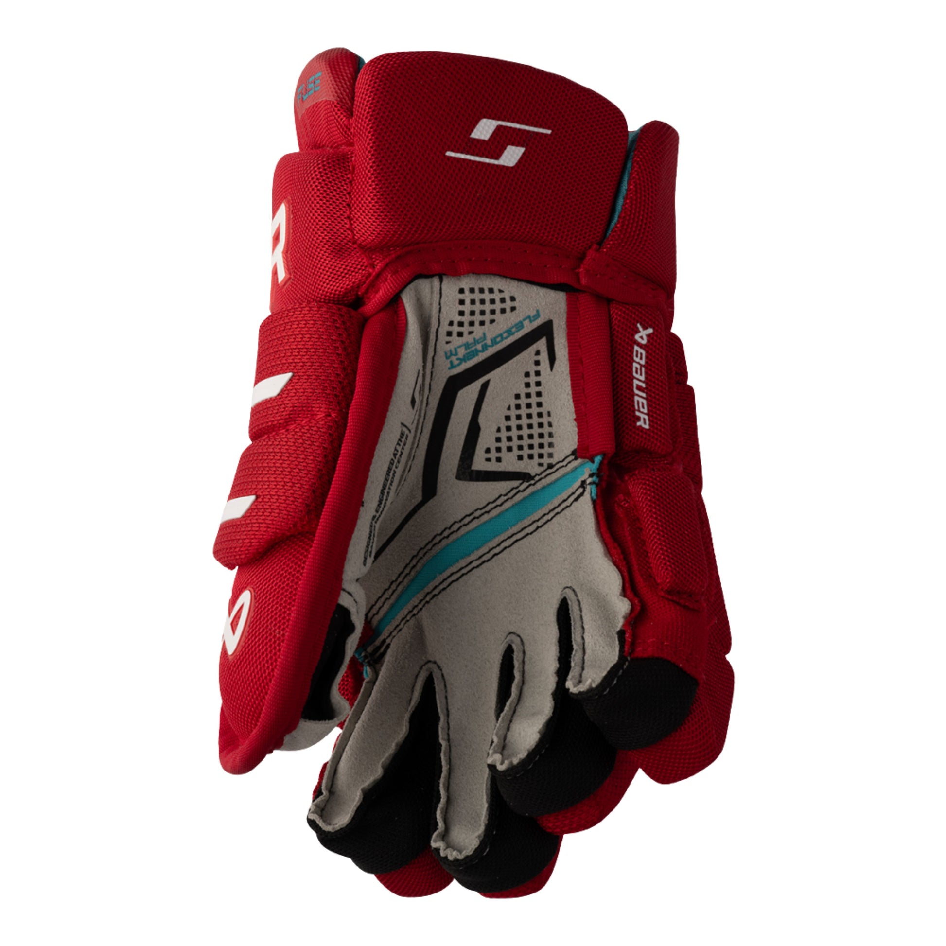 A photo of the Bauer Supreme Fuse Youth Hockey Gloves (2026) in colour red.